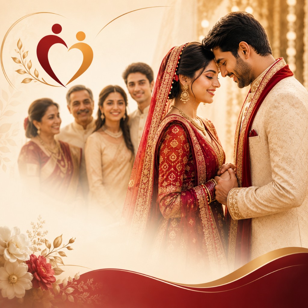 A couple in wedding attire with family celebrating behind them