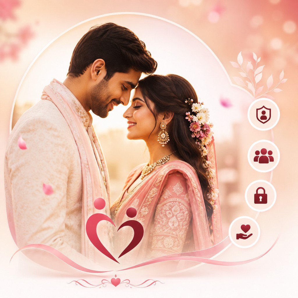 A couple in wedding attire, with icons for verified profiles, community, privacy, and care